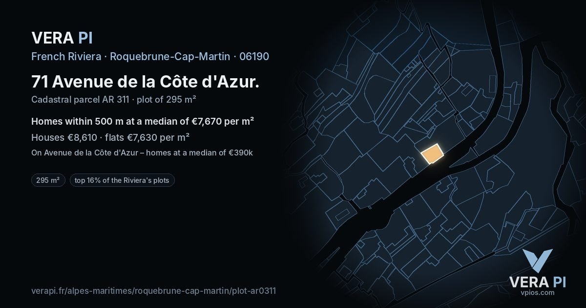 71 Avenue de la Côte d'Azur, Roquebrune-Cap-Martin at night – the plot lit, the parcels around coloured by the prices near them