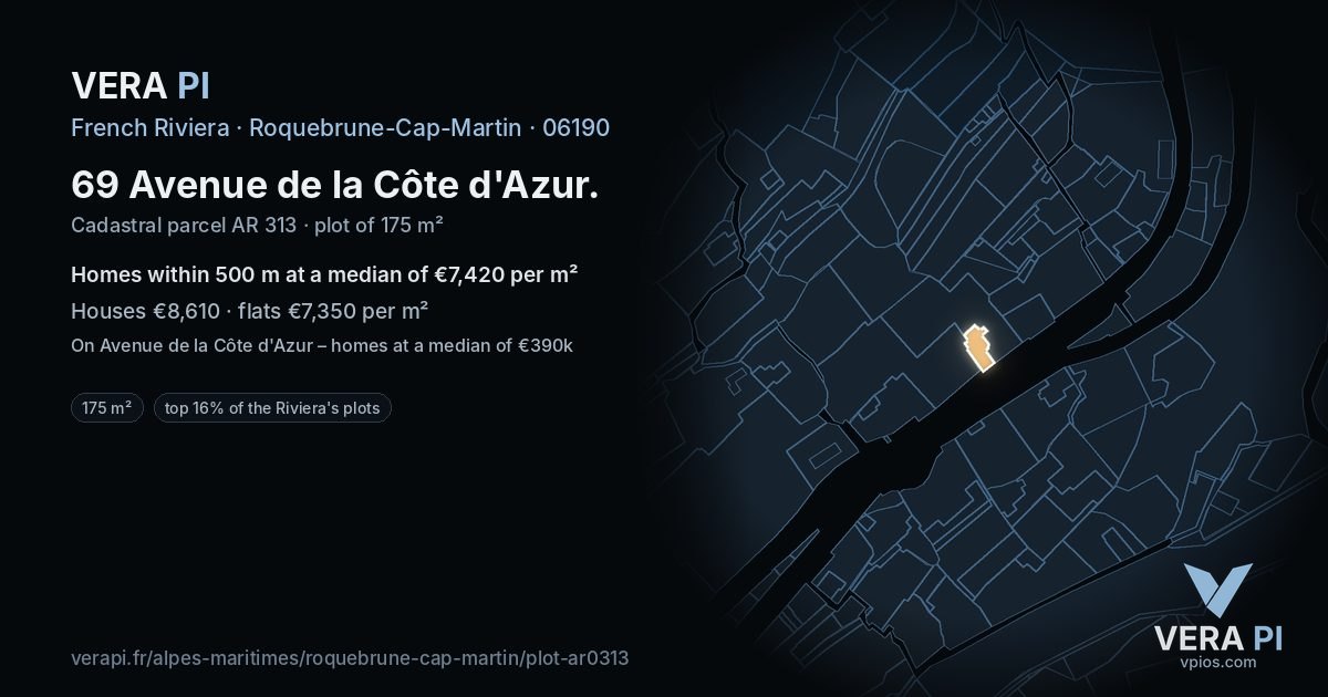 69 Avenue de la Côte d'Azur, Roquebrune-Cap-Martin at night – the plot lit, the parcels around coloured by the prices near them