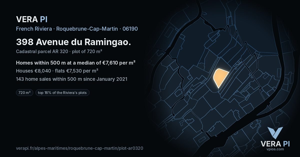 398 Avenue du Ramingao, Roquebrune-Cap-Martin at night – the plot lit, the parcels around coloured by the prices near them