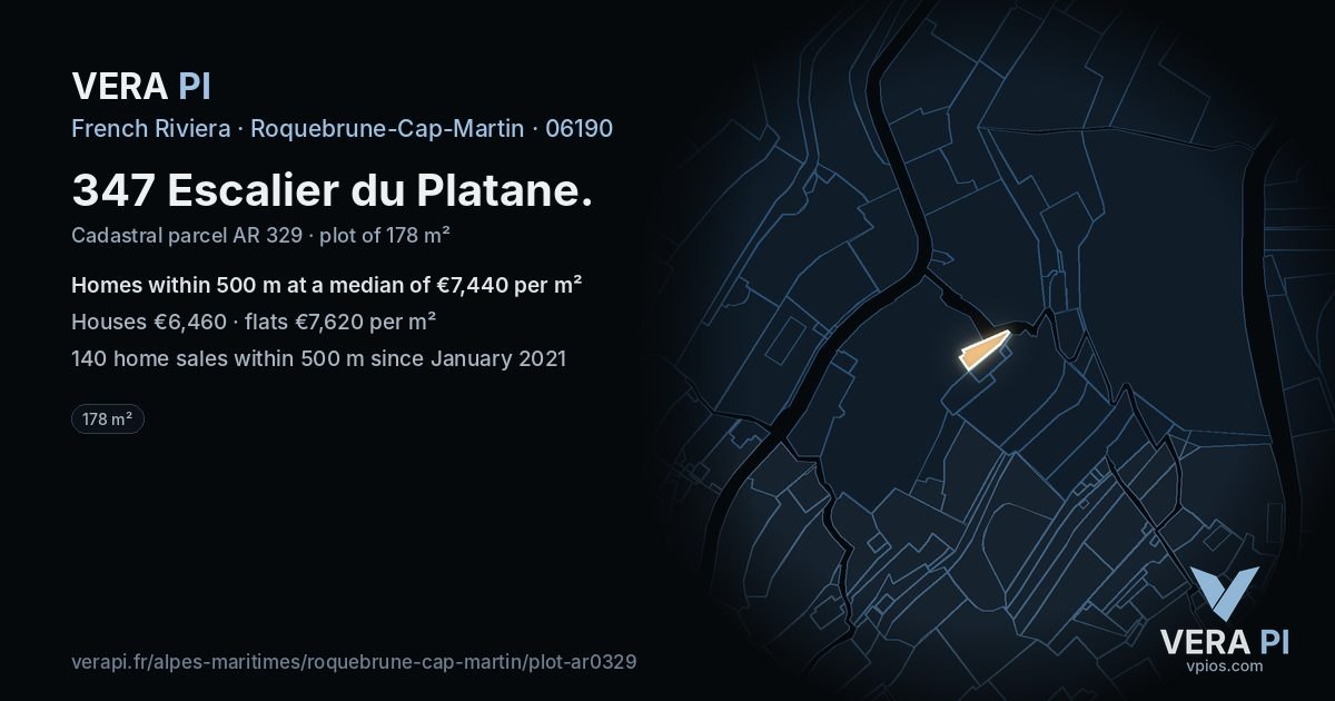 347 Escalier du Platane, Roquebrune-Cap-Martin at night – the plot lit, the parcels around coloured by the prices near them