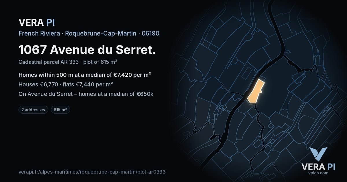 1067 Avenue du Serret, Roquebrune-Cap-Martin at night – the plot lit, the parcels around coloured by the prices near them