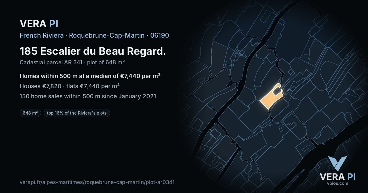185 Escalier du Beau Regard, Roquebrune-Cap-Martin at night – the plot lit, the parcels around coloured by the prices near them
