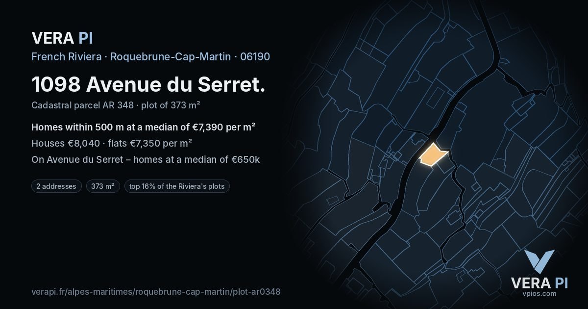 1098 Avenue du Serret, Roquebrune-Cap-Martin at night – the plot lit, the parcels around coloured by the prices near them