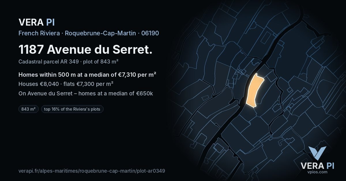 1187 Avenue du Serret, Roquebrune-Cap-Martin at night – the plot lit, the parcels around coloured by the prices near them