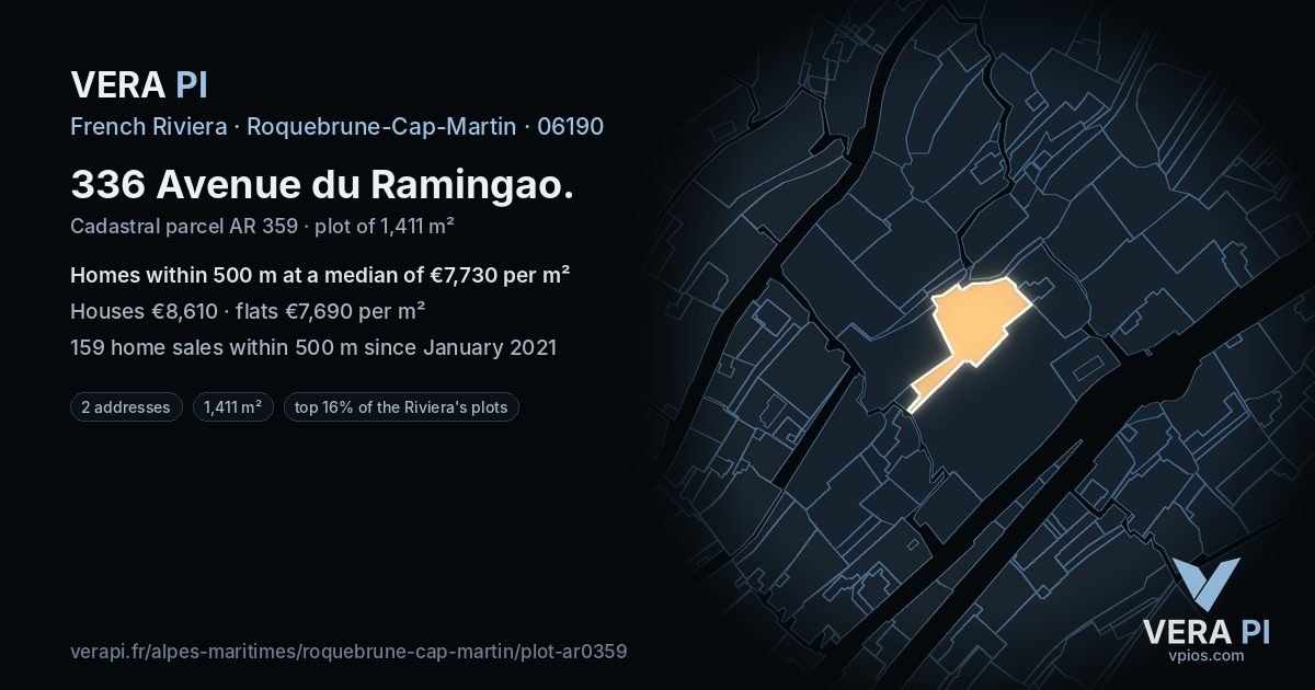 336 Avenue du Ramingao, Roquebrune-Cap-Martin at night – the plot lit, the parcels around coloured by the prices near them
