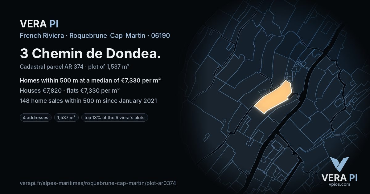 3 Chemin de Dondea, Roquebrune-Cap-Martin at night – the plot lit, the parcels around coloured by the prices near them