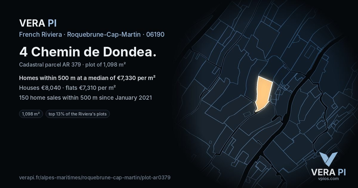 4 Chemin de Dondea, Roquebrune-Cap-Martin at night – the plot lit, the parcels around coloured by the prices near them