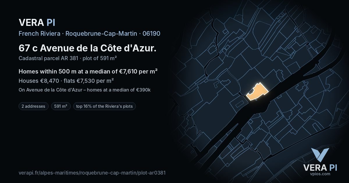67 c Avenue de la Côte d'Azur, Roquebrune-Cap-Martin at night – the plot lit, the parcels around coloured by the prices near them