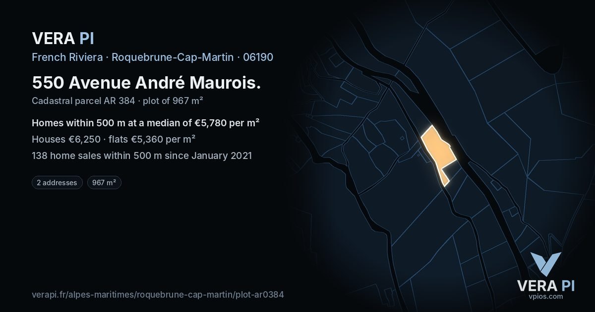 550 Avenue André Maurois, Roquebrune-Cap-Martin at night – the plot lit, the parcels around coloured by the prices near them