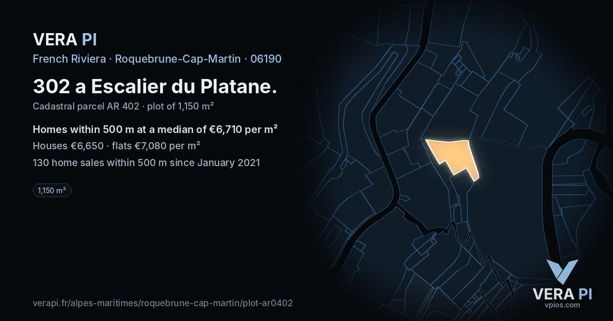 302 a Escalier du Platane, Roquebrune-Cap-Martin at night – the plot lit, the parcels around coloured by the prices near them