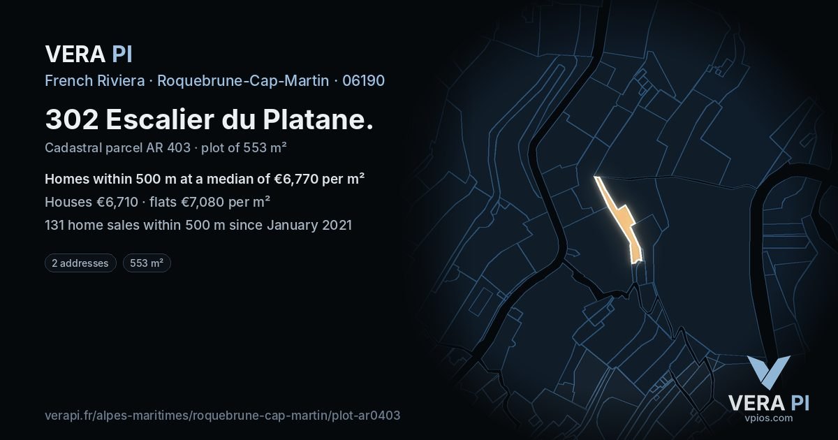302 Escalier du Platane, Roquebrune-Cap-Martin at night – the plot lit, the parcels around coloured by the prices near them