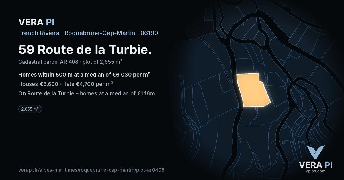 59 Route de la Turbie, Roquebrune-Cap-Martin at night – the plot lit, the parcels around coloured by the prices near them