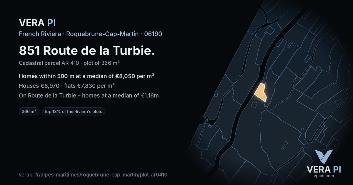 851 Route de la Turbie, Roquebrune-Cap-Martin at night – the plot lit, the parcels around coloured by the prices near them