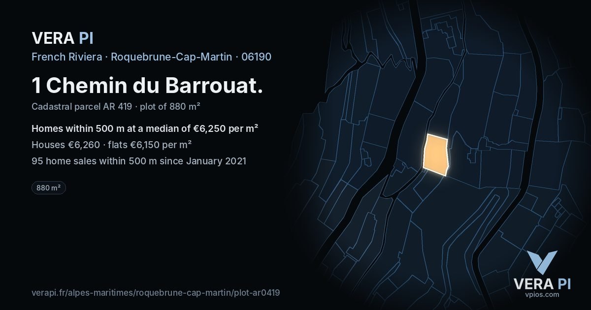 1 Chemin du Barrouat, Roquebrune-Cap-Martin at night – the plot lit, the parcels around coloured by the prices near them