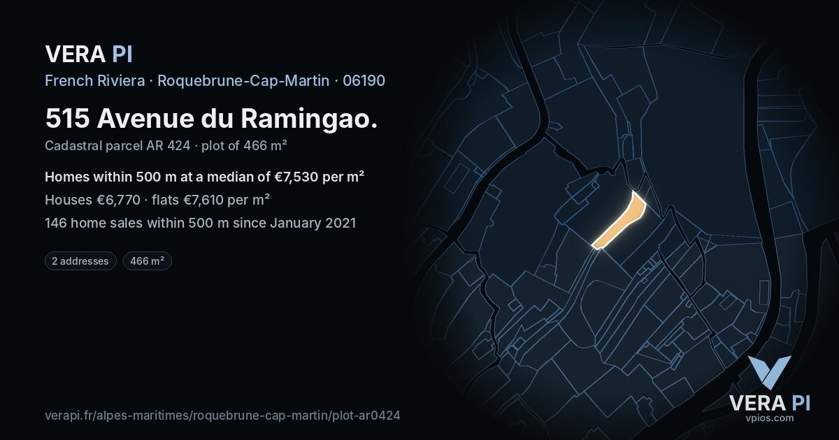 515 Avenue du Ramingao, Roquebrune-Cap-Martin at night – the plot lit, the parcels around coloured by the prices near them