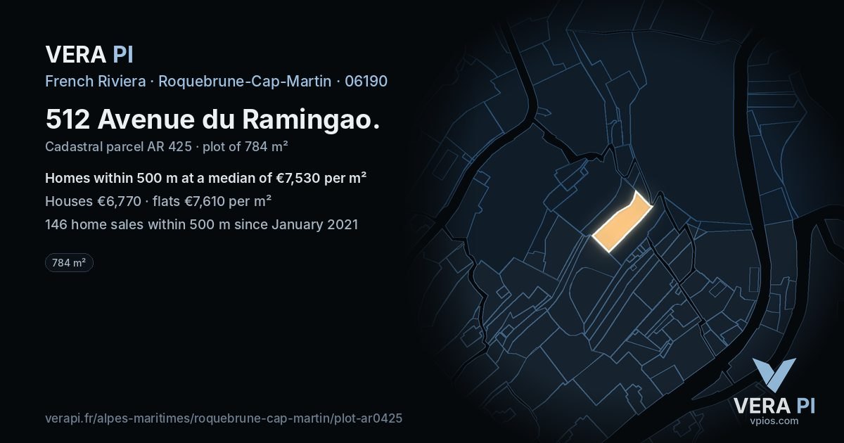 512 Avenue du Ramingao, Roquebrune-Cap-Martin at night – the plot lit, the parcels around coloured by the prices near them