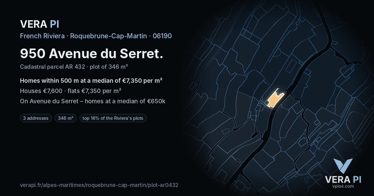 950 Avenue du Serret, Roquebrune-Cap-Martin at night – the plot lit, the parcels around coloured by the prices near them