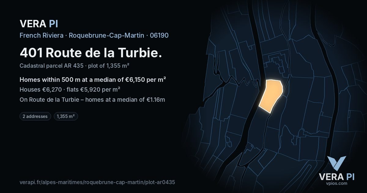 401 Route de la Turbie, Roquebrune-Cap-Martin at night – the plot lit, the parcels around coloured by the prices near them