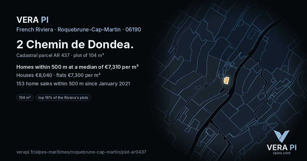 2 Chemin de Dondea, Roquebrune-Cap-Martin at night – the plot lit, the parcels around coloured by the prices near them
