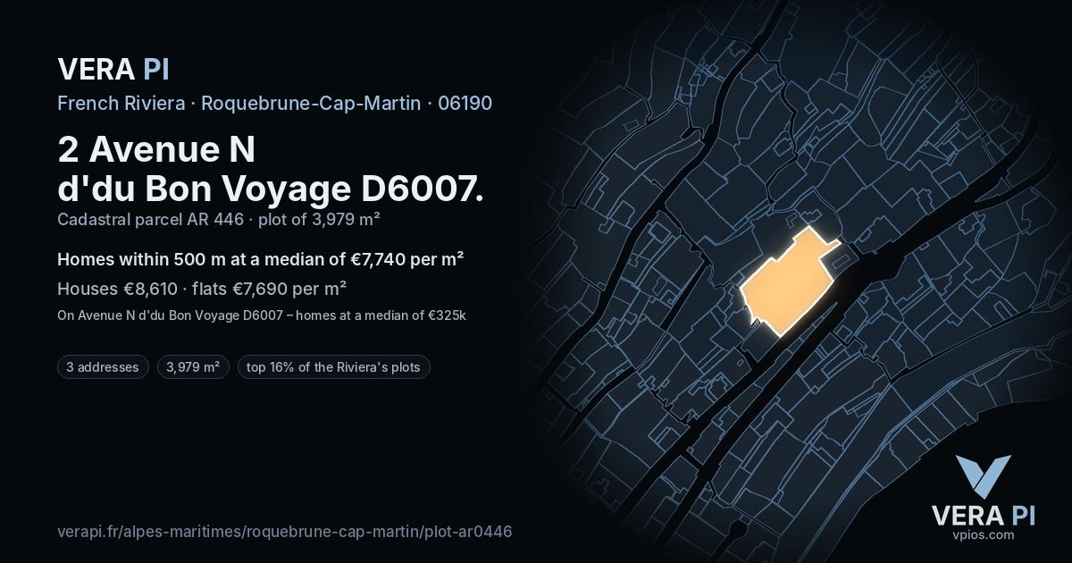 2 Avenue N d'du Bon Voyage D6007, Roquebrune-Cap-Martin at night – the plot lit, the parcels around coloured by the prices near them