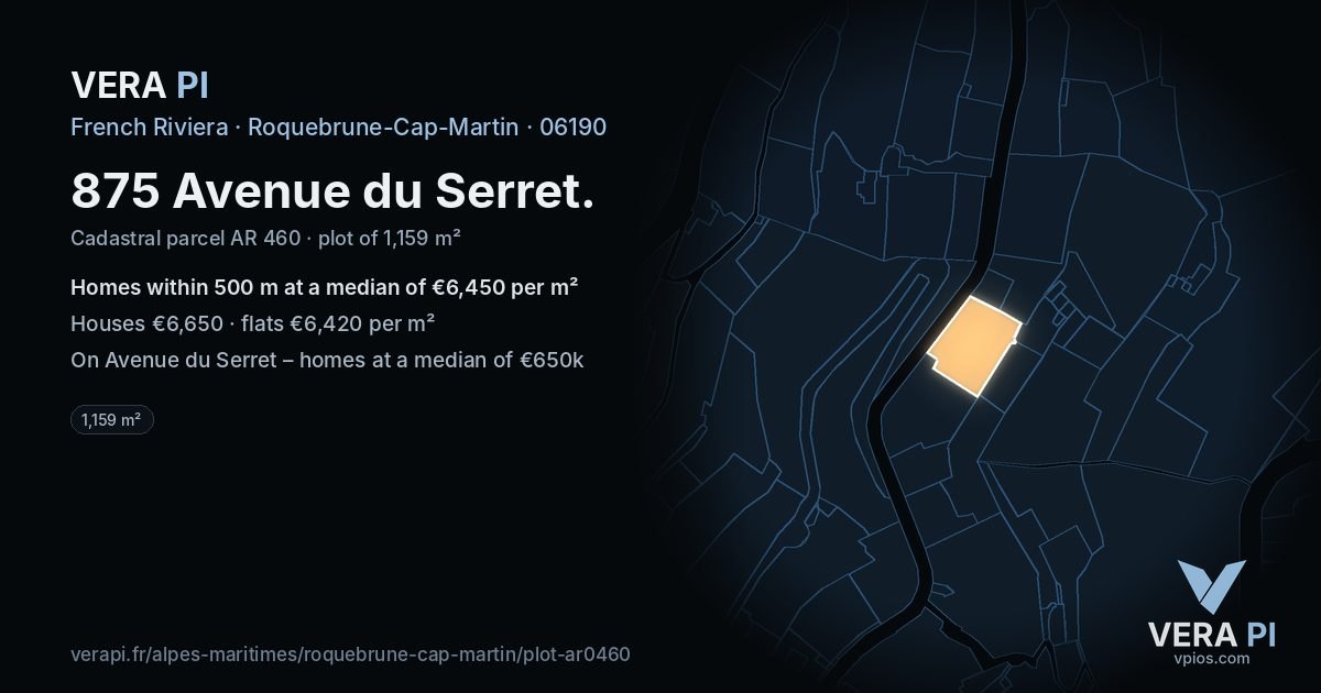 875 Avenue du Serret, Roquebrune-Cap-Martin at night – the plot lit, the parcels around coloured by the prices near them