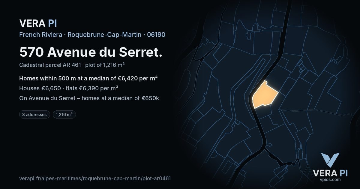 570 Avenue du Serret, Roquebrune-Cap-Martin at night – the plot lit, the parcels around coloured by the prices near them