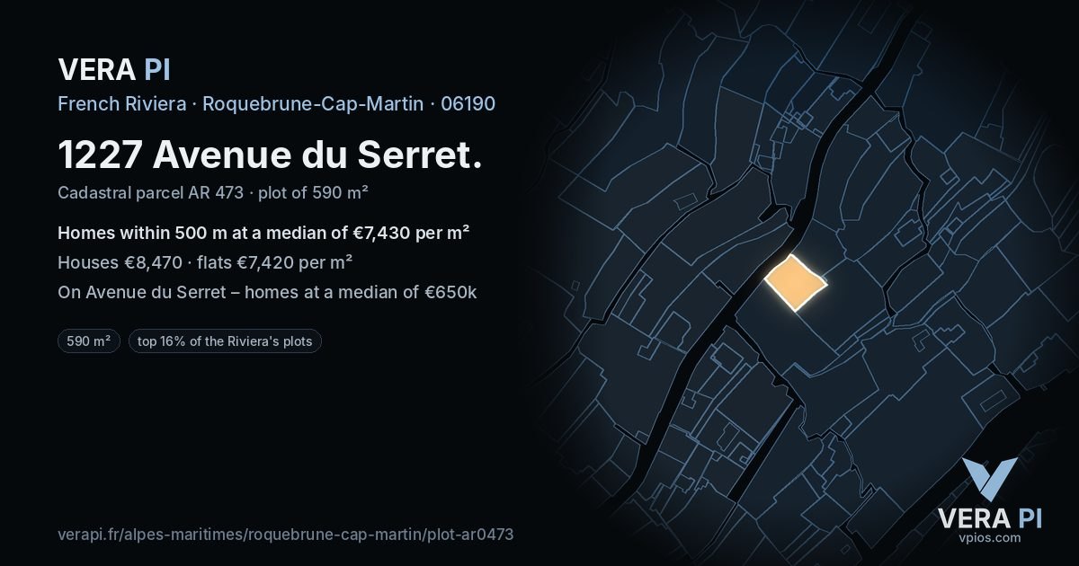 1227 Avenue du Serret, Roquebrune-Cap-Martin at night – the plot lit, the parcels around coloured by the prices near them