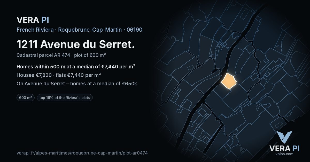 1211 Avenue du Serret, Roquebrune-Cap-Martin at night – the plot lit, the parcels around coloured by the prices near them
