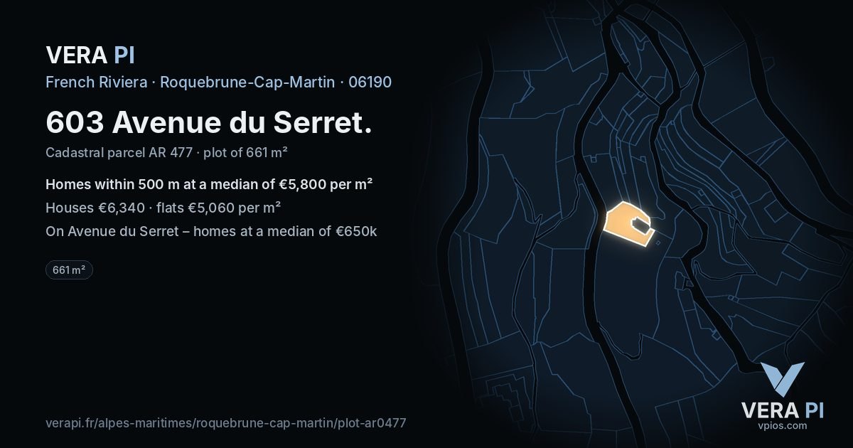 603 Avenue du Serret, Roquebrune-Cap-Martin at night – the plot lit, the parcels around coloured by the prices near them