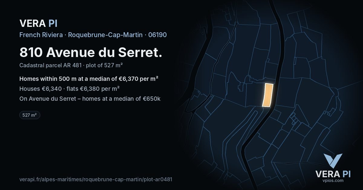 810 Avenue du Serret, Roquebrune-Cap-Martin at night – the plot lit, the parcels around coloured by the prices near them