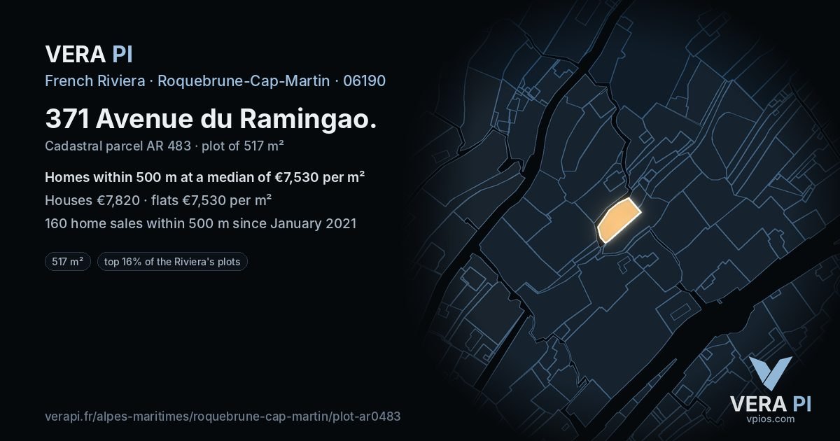 371 Avenue du Ramingao, Roquebrune-Cap-Martin at night – the plot lit, the parcels around coloured by the prices near them