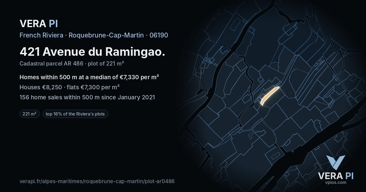 421 Avenue du Ramingao, Roquebrune-Cap-Martin at night – the plot lit, the parcels around coloured by the prices near them