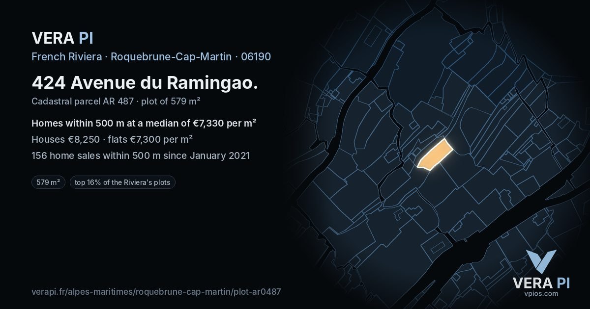 424 Avenue du Ramingao, Roquebrune-Cap-Martin at night – the plot lit, the parcels around coloured by the prices near them