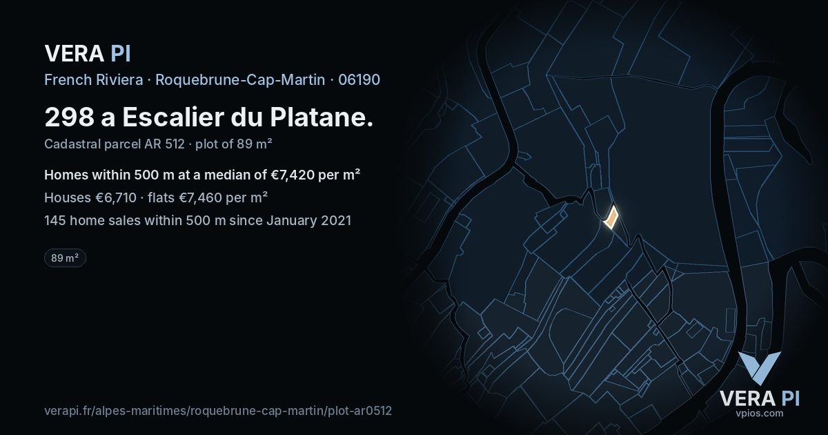 298 a Escalier du Platane, Roquebrune-Cap-Martin at night – the plot lit, the parcels around coloured by the prices near them