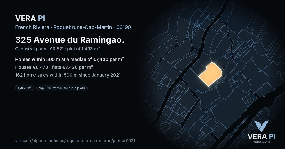 325 Avenue du Ramingao, Roquebrune-Cap-Martin at night – the plot lit, the parcels around coloured by the prices near them