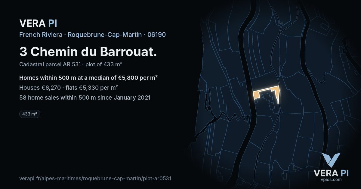 3 Chemin du Barrouat, Roquebrune-Cap-Martin at night – the plot lit, the parcels around coloured by the prices near them