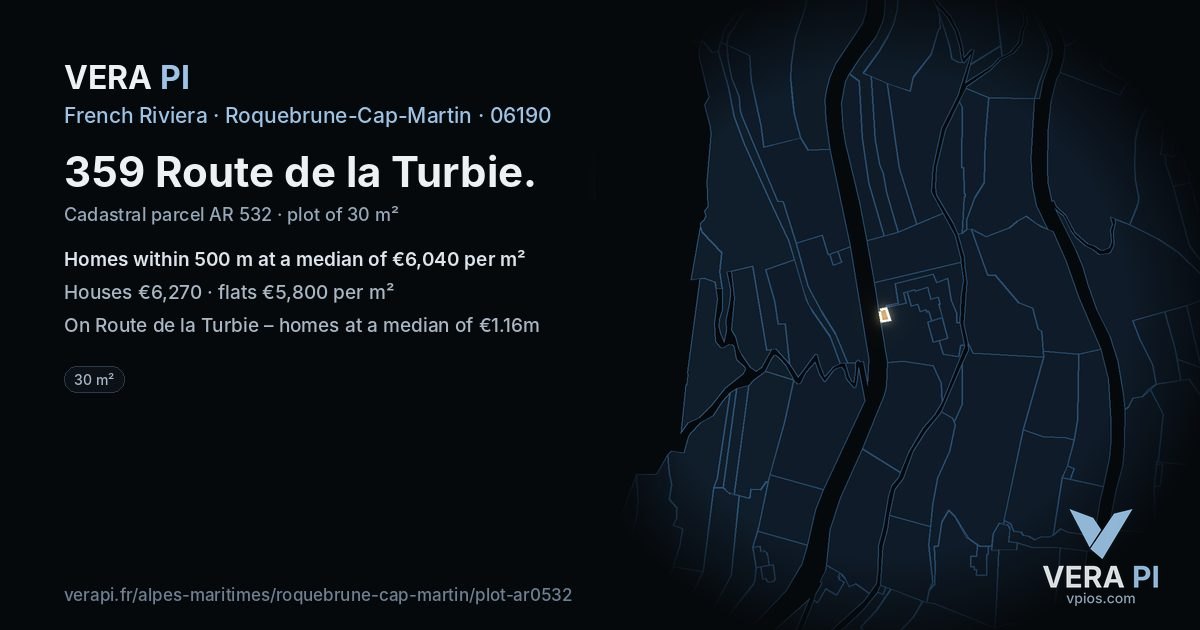 359 Route de la Turbie, Roquebrune-Cap-Martin at night – the plot lit, the parcels around coloured by the prices near them