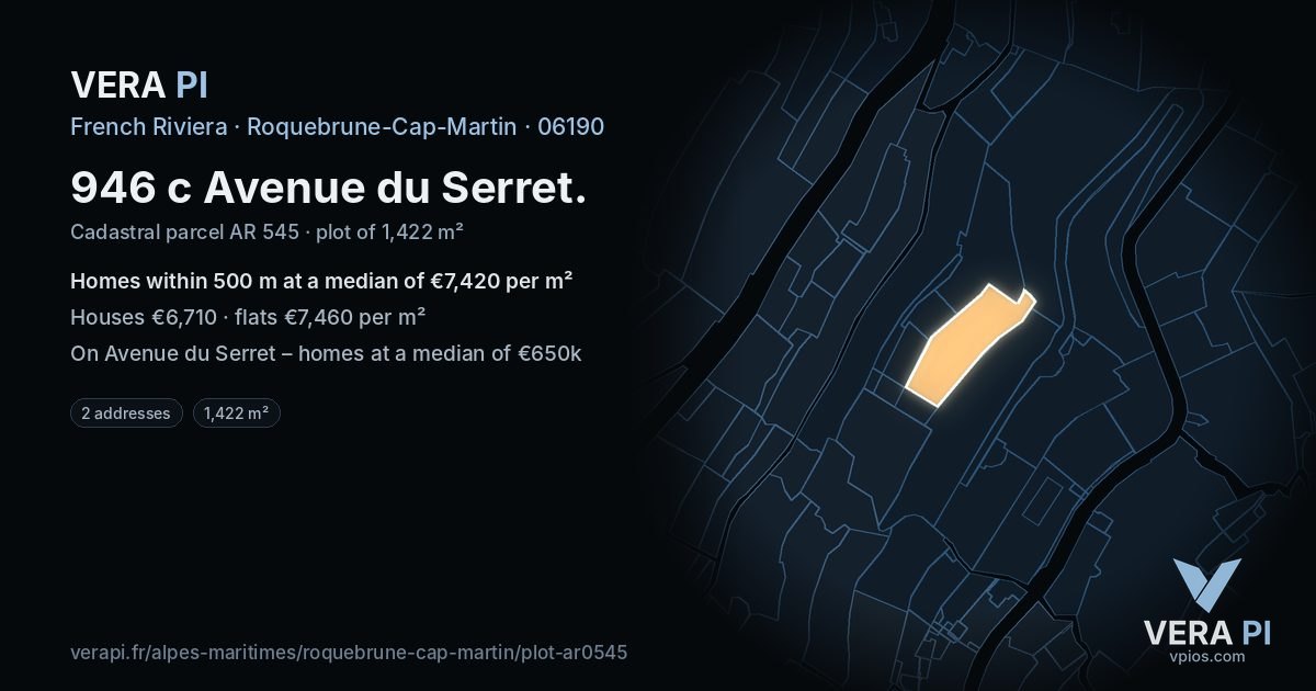 946 c Avenue du Serret, Roquebrune-Cap-Martin at night – the plot lit, the parcels around coloured by the prices near them