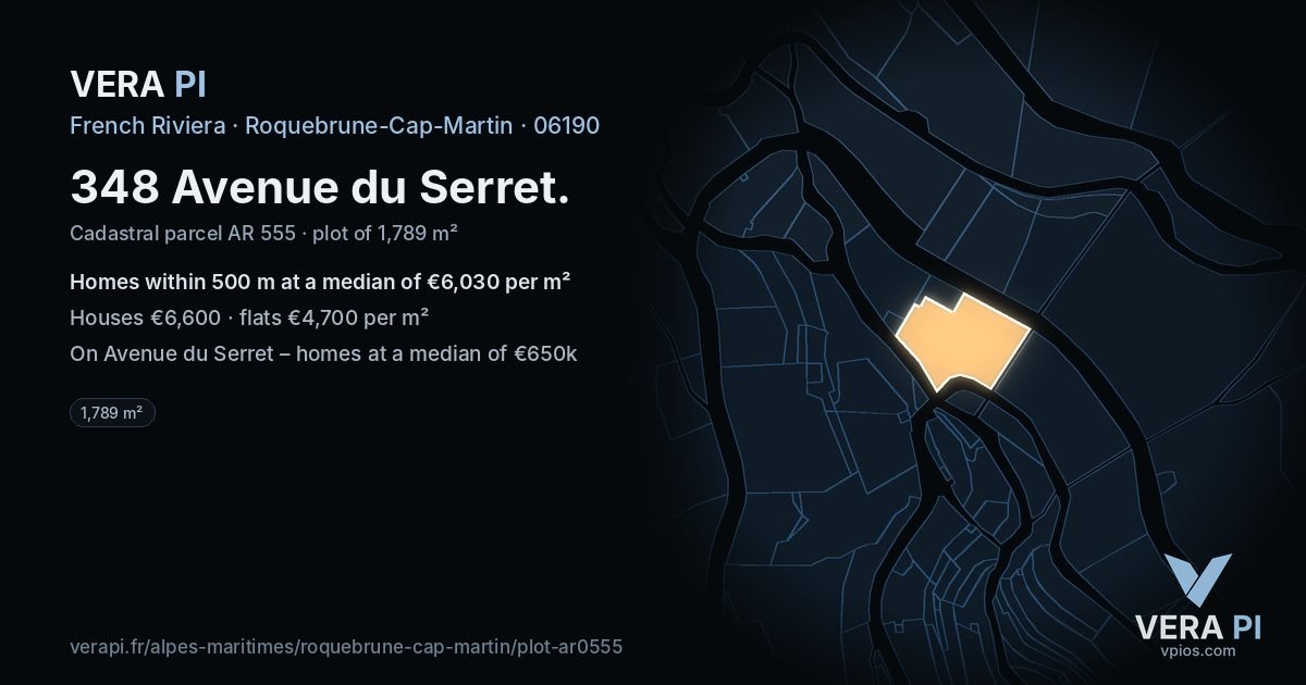 348 Avenue du Serret, Roquebrune-Cap-Martin at night – the plot lit, the parcels around coloured by the prices near them