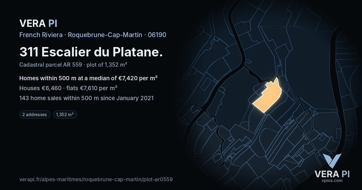 311 Escalier du Platane, Roquebrune-Cap-Martin at night – the plot lit, the parcels around coloured by the prices near them