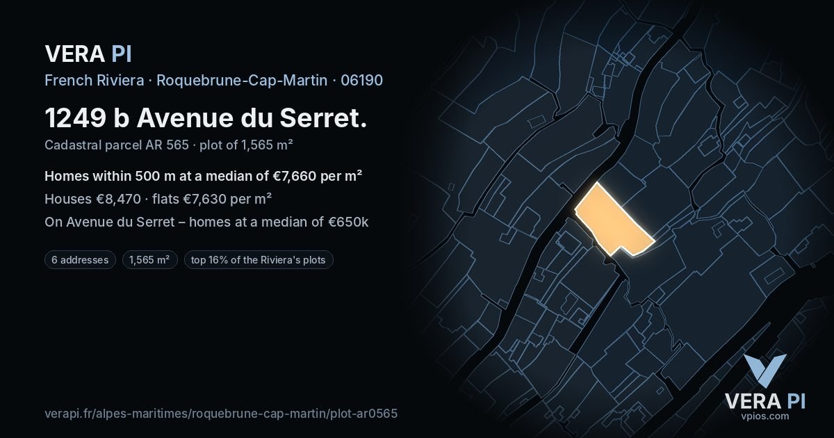 1249 b Avenue du Serret, Roquebrune-Cap-Martin at night – the plot lit, the parcels around coloured by the prices near them