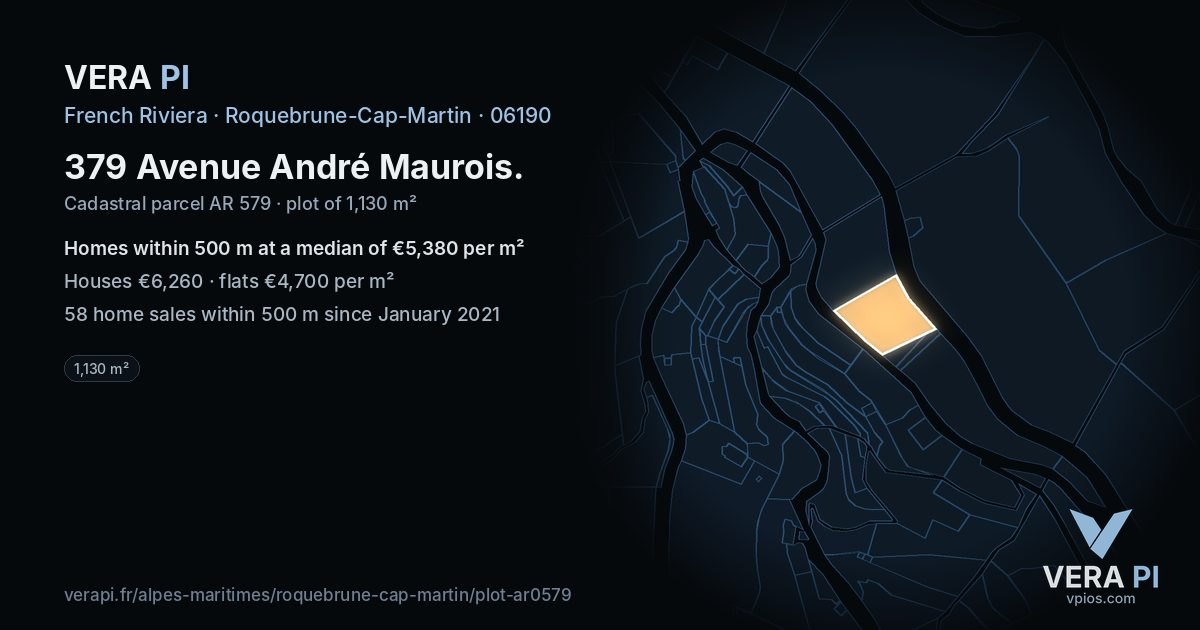 379 Avenue André Maurois, Roquebrune-Cap-Martin at night – the plot lit, the parcels around coloured by the prices near them