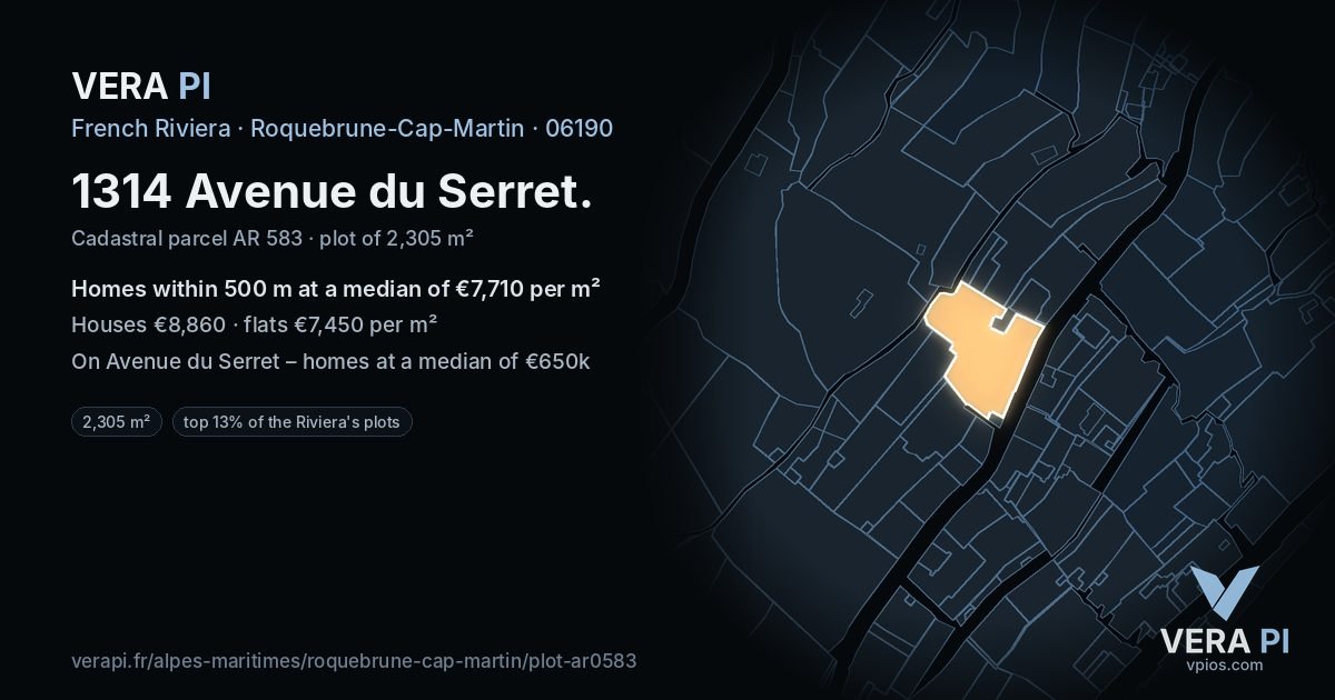 1314 Avenue du Serret, Roquebrune-Cap-Martin at night – the plot lit, the parcels around coloured by the prices near them