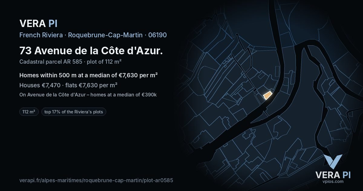 73 Avenue de la Côte d'Azur, Roquebrune-Cap-Martin at night – the plot lit, the parcels around coloured by the prices near them