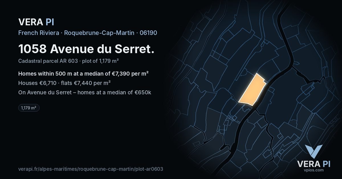 1058 Avenue du Serret, Roquebrune-Cap-Martin at night – the plot lit, the parcels around coloured by the prices near them