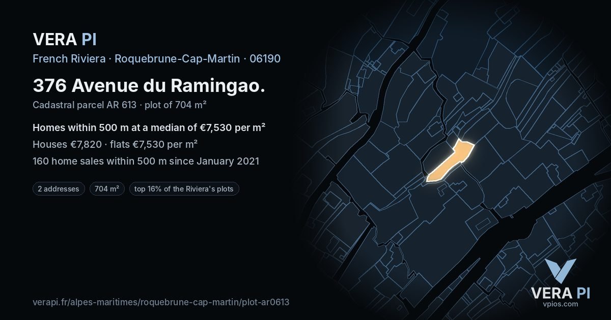 376 Avenue du Ramingao, Roquebrune-Cap-Martin at night – the plot lit, the parcels around coloured by the prices near them