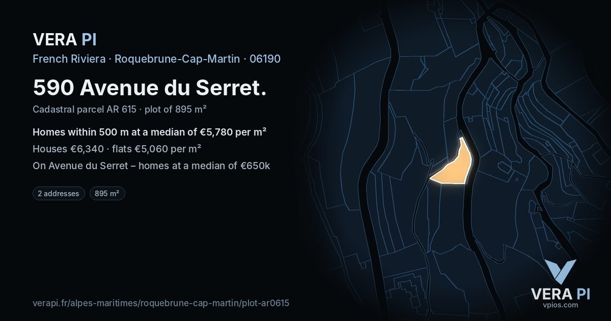 590 Avenue du Serret, Roquebrune-Cap-Martin at night – the plot lit, the parcels around coloured by the prices near them