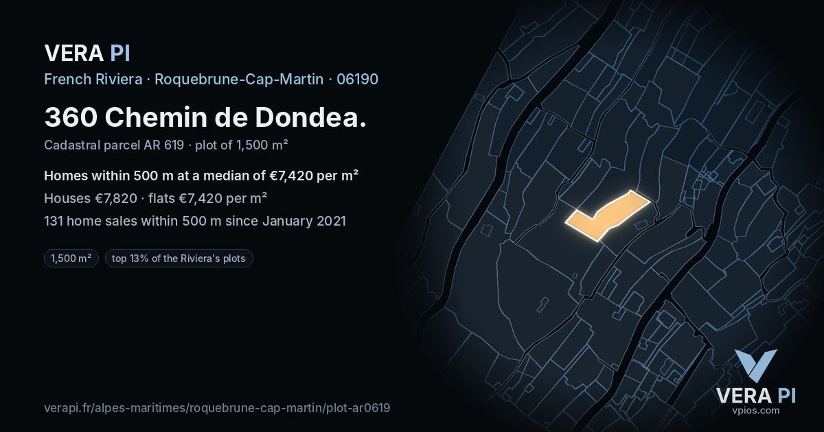 360 Chemin de Dondea, Roquebrune-Cap-Martin at night – the plot lit, the parcels around coloured by the prices near them