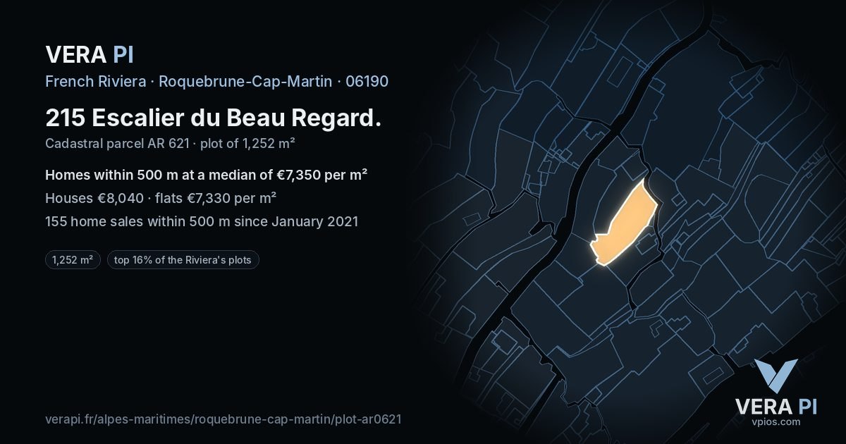 215 Escalier du Beau Regard, Roquebrune-Cap-Martin at night – the plot lit, the parcels around coloured by the prices near them