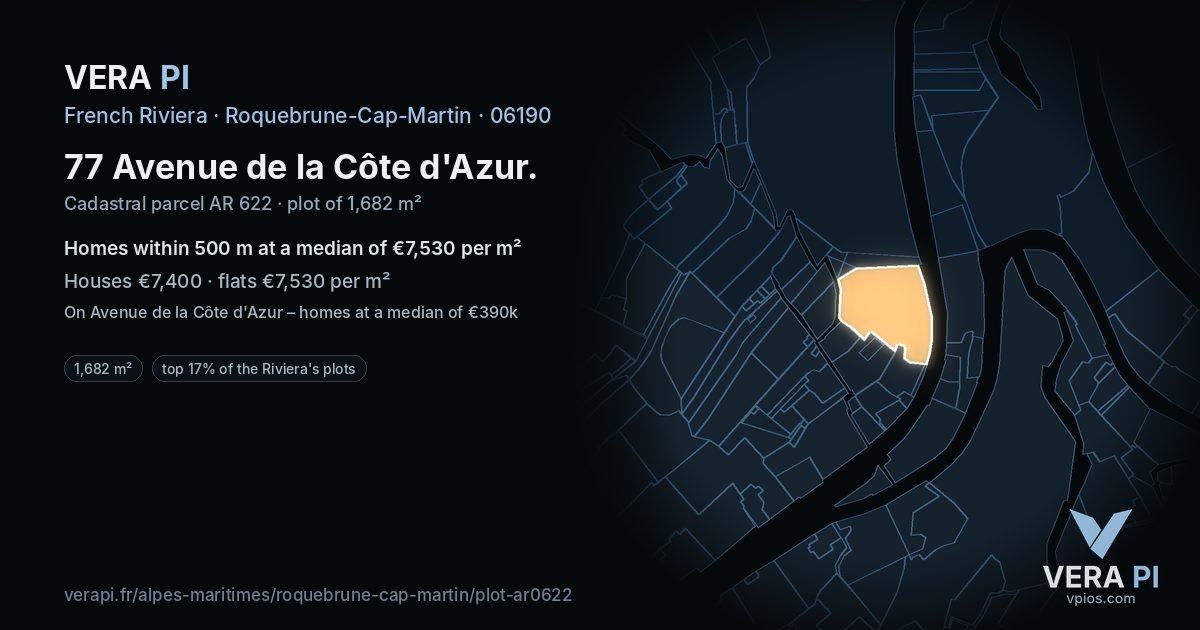 77 Avenue de la Côte d'Azur, Roquebrune-Cap-Martin at night – the plot lit, the parcels around coloured by the prices near them